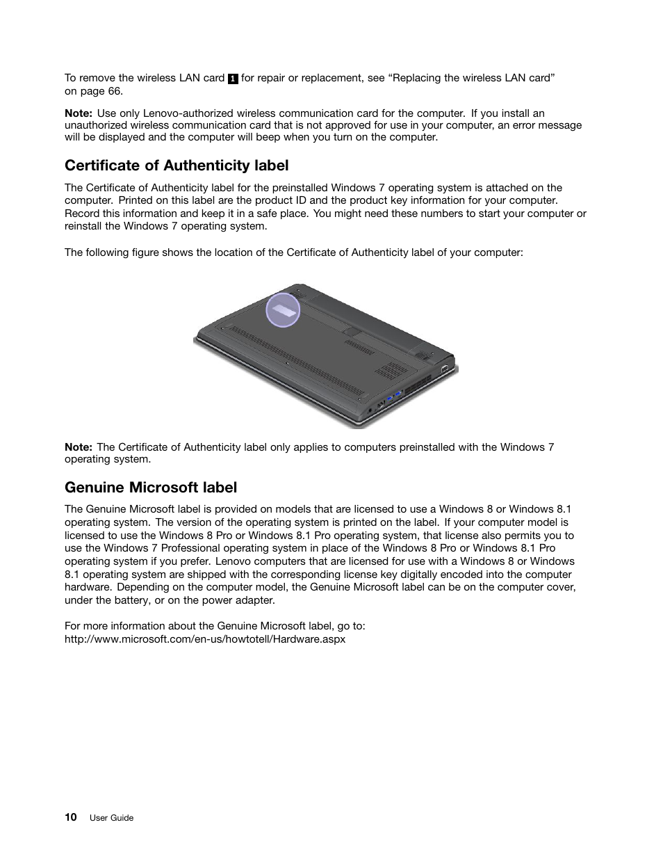 Certificate of authenticity label, Genuine microsoft label | Lenovo ThinkPad Edge E145 User Manual | Page 26 / 158
