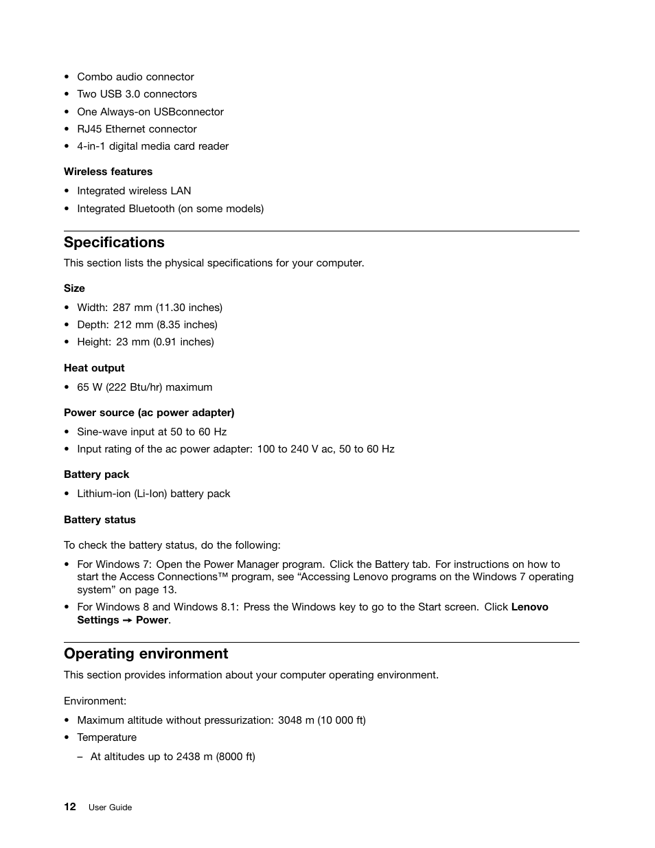 Specifications, Operating environment | Lenovo ThinkPad Edge E145 User Manual | Page 28 / 158
