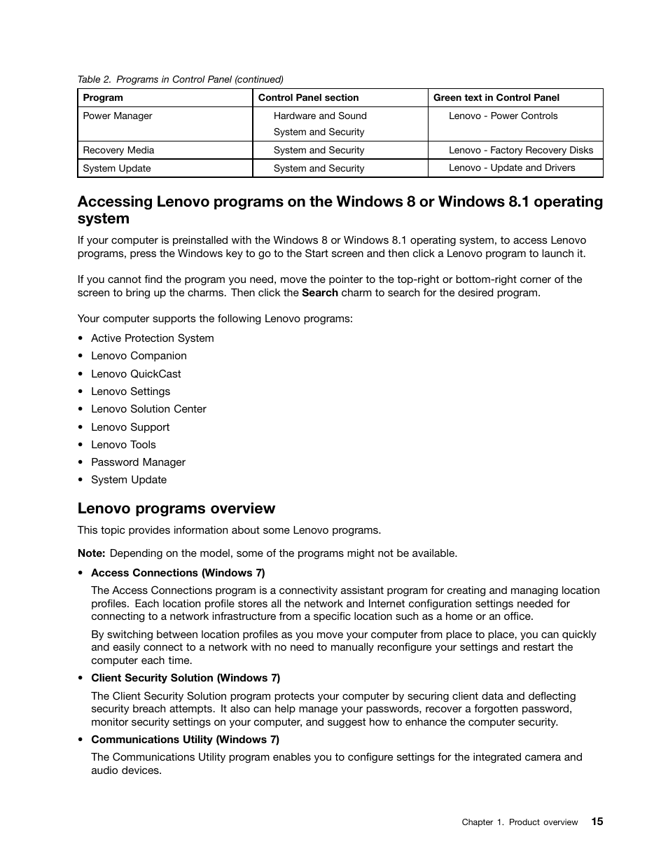 Lenovo programs overview | Lenovo ThinkPad Edge E145 User Manual | Page 31 / 158