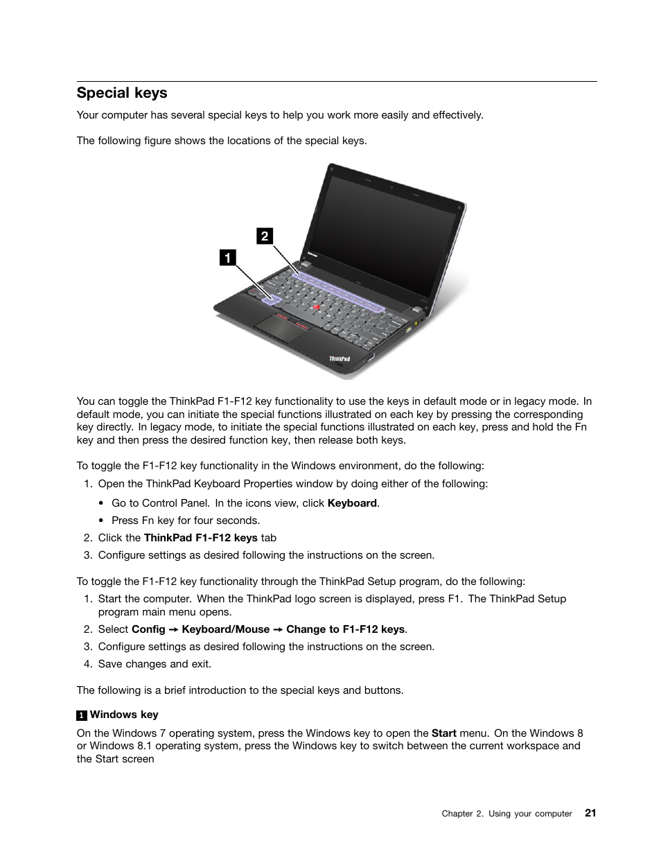 Special keys | Lenovo ThinkPad Edge E145 User Manual | Page 37 / 158