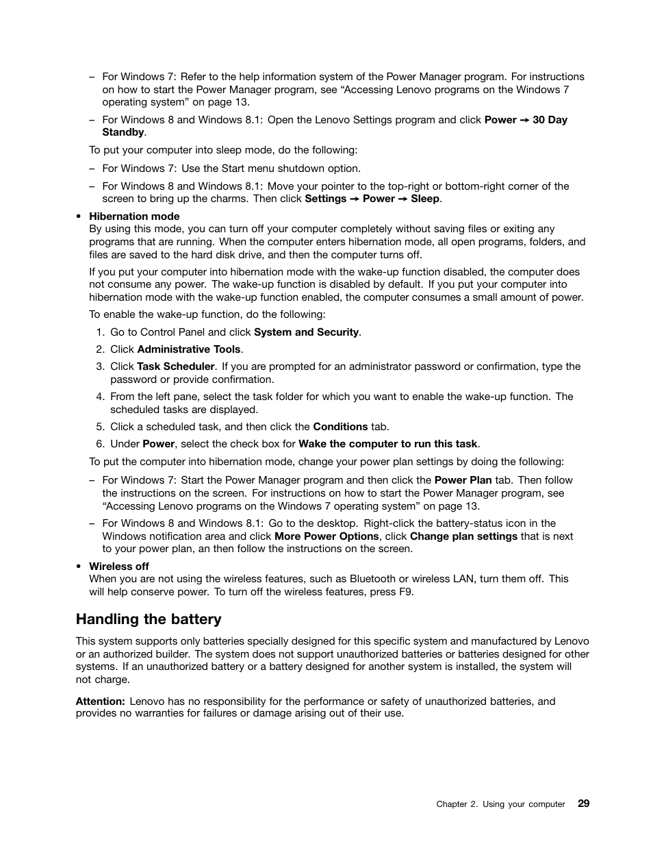 Handling the battery | Lenovo ThinkPad Edge E145 User Manual | Page 45 / 158