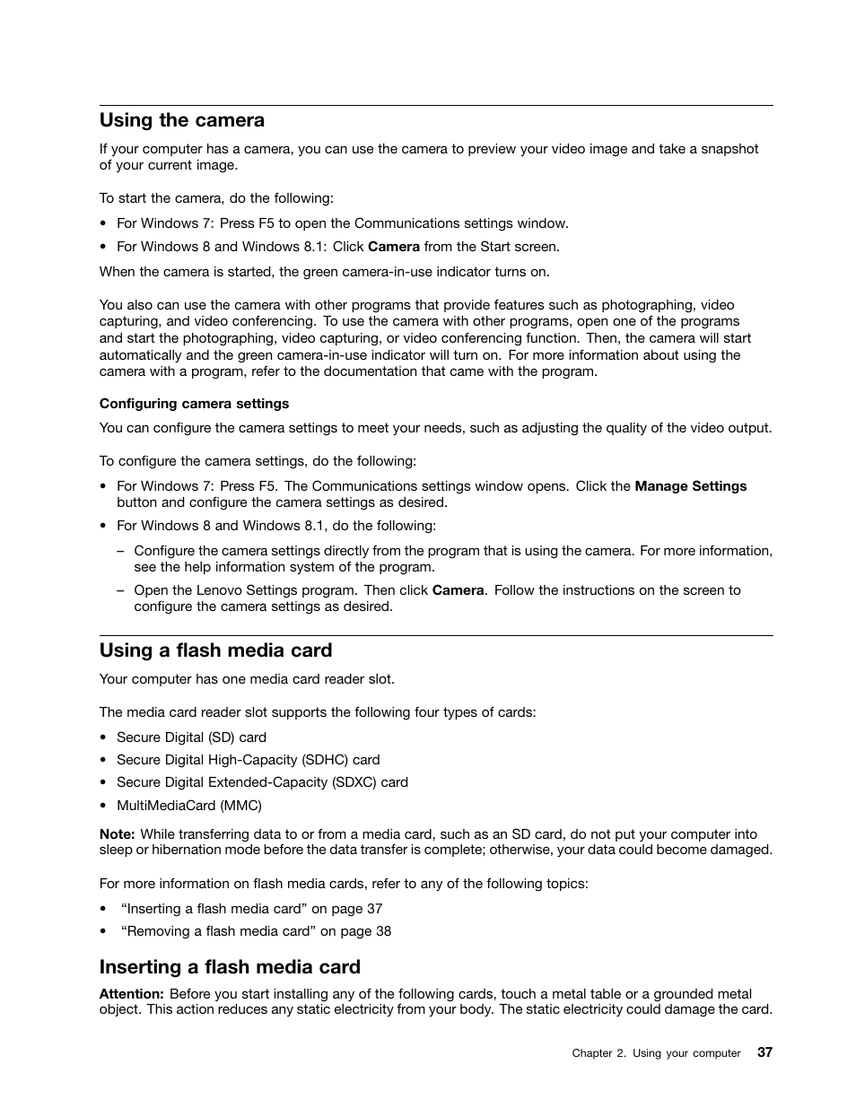 Using the camera, Using a flash media card, Inserting a flash media card | Lenovo ThinkPad Edge E145 User Manual | Page 53 / 158