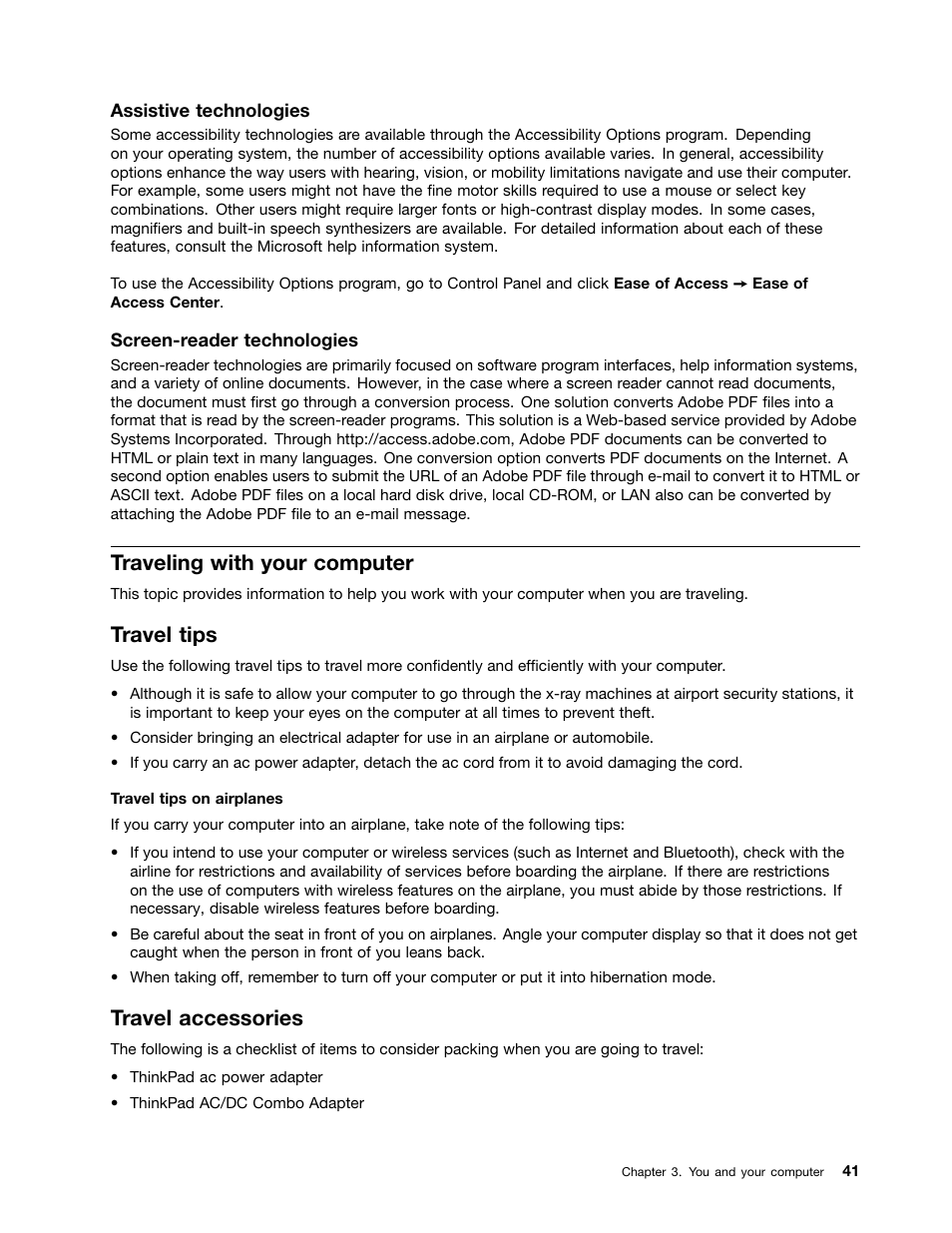 Traveling with your computer, Travel tips, Travel accessories | Lenovo ThinkPad Edge E145 User Manual | Page 57 / 158