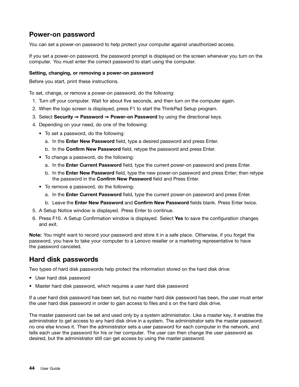 Power-on password, Hard disk passwords | Lenovo ThinkPad Edge E145 User Manual | Page 60 / 158