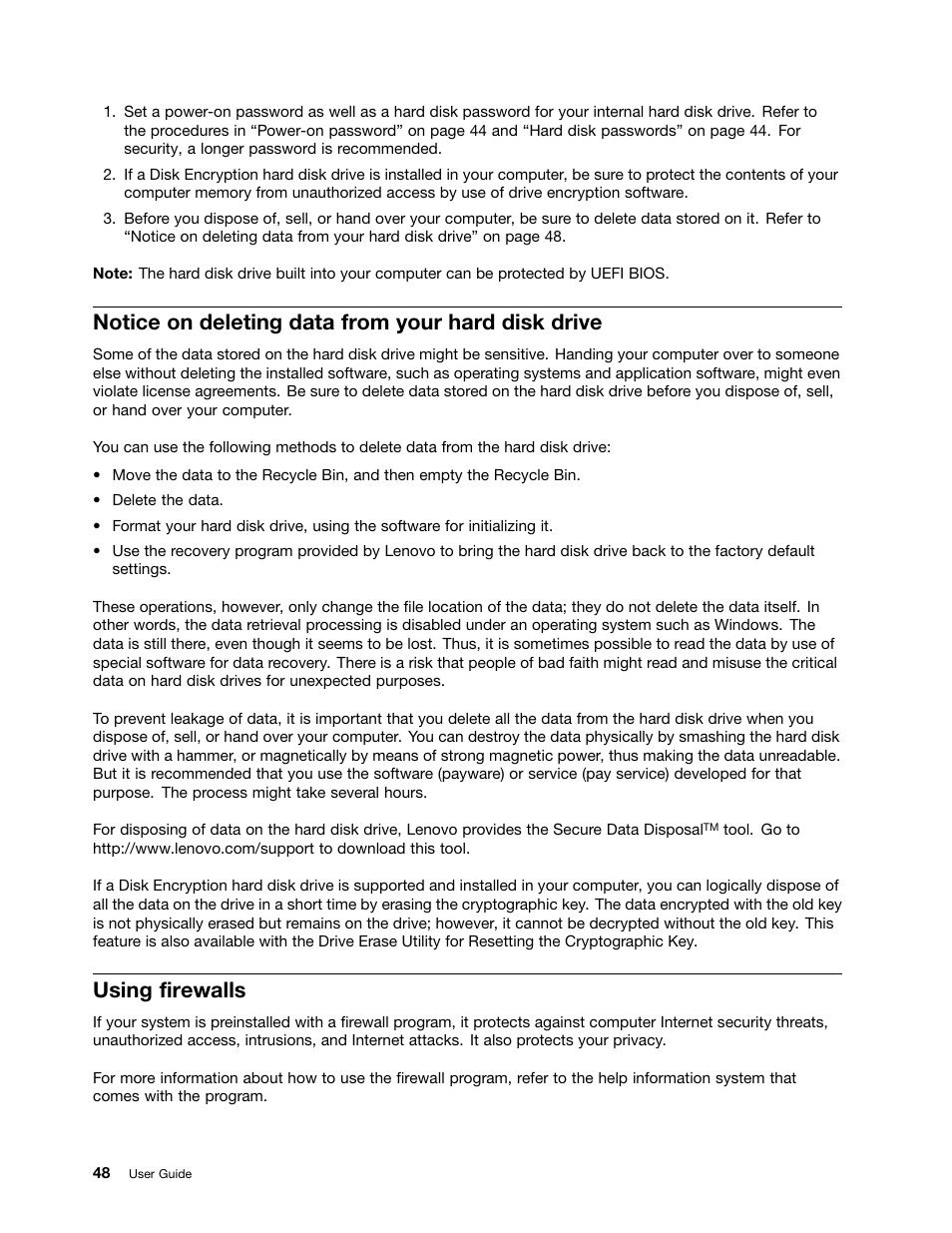 Notice on deleting data from your hard disk drive, Using firewalls, Notice on deleting data from your | Lenovo ThinkPad Edge E145 User Manual | Page 64 / 158