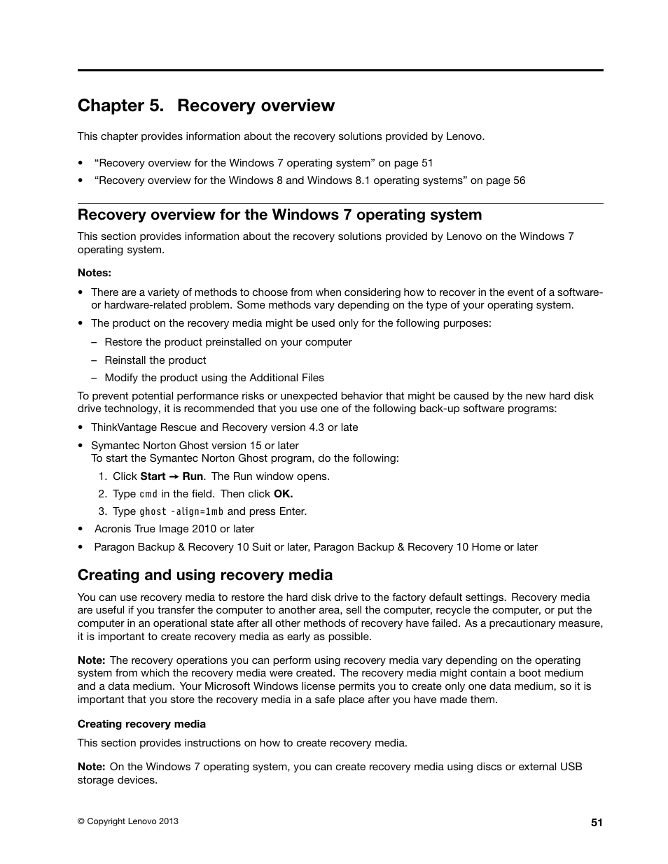 Chapter 5. recovery overview, Creating and using recovery media | Lenovo ThinkPad Edge E145 User Manual | Page 67 / 158