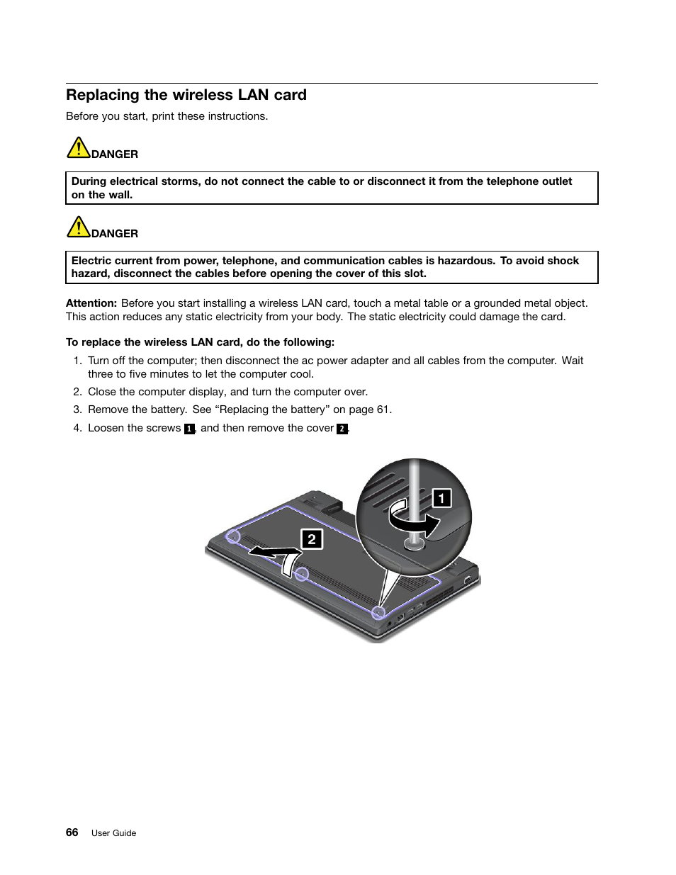 Replacing the wireless lan card | Lenovo ThinkPad Edge E145 User Manual | Page 82 / 158