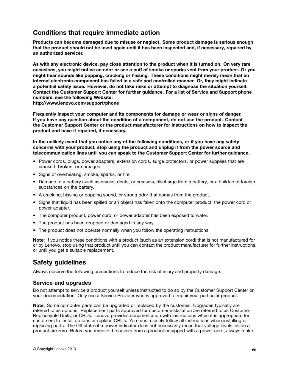 Conditions that require immediate action, Safety guidelines | Lenovo ThinkPad Edge E145 User Manual | Page 9 / 158