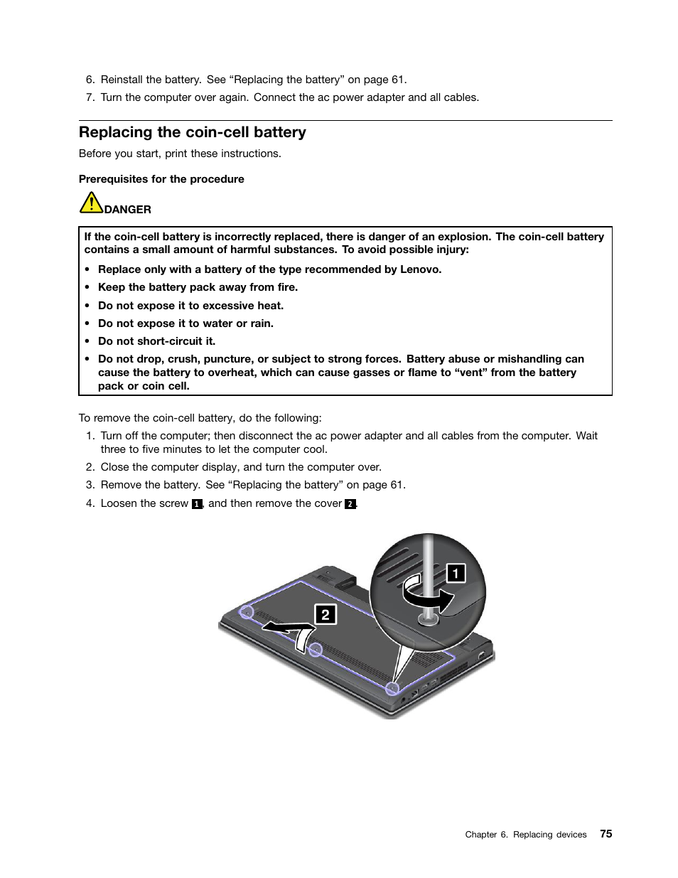 Replacing the coin-cell battery | Lenovo ThinkPad Edge E145 User Manual | Page 91 / 158