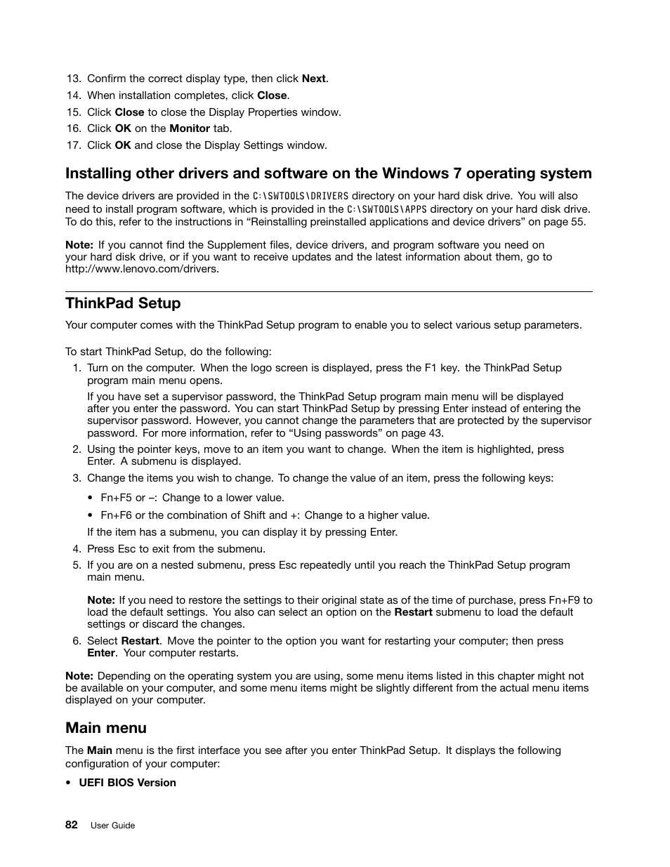 Thinkpad setup, Main menu | Lenovo ThinkPad Edge E145 User Manual | Page 98 / 158