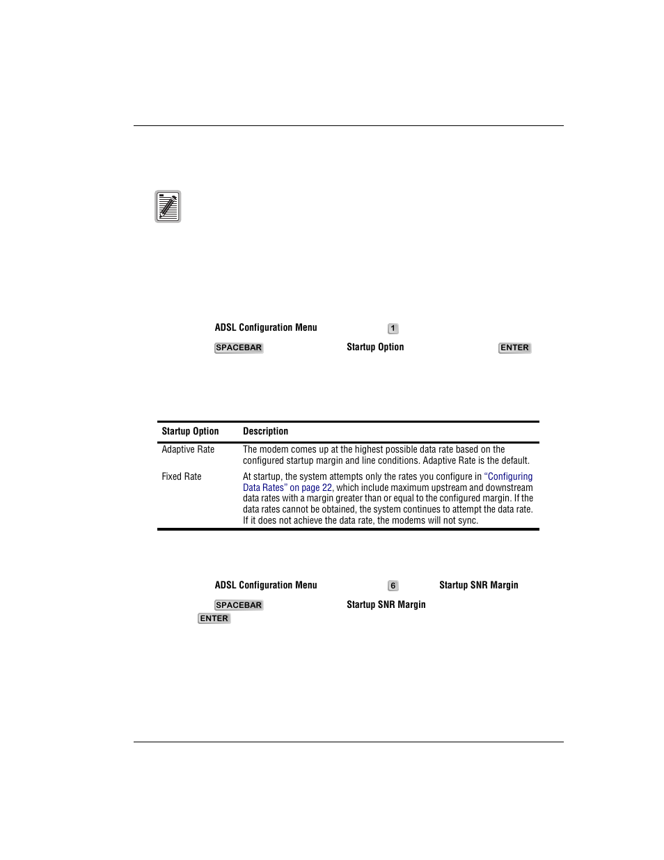 Configuring the startup settings, Select the startup option, Select the startup snr margin | ADC 320F User Manual | Page 29 / 68