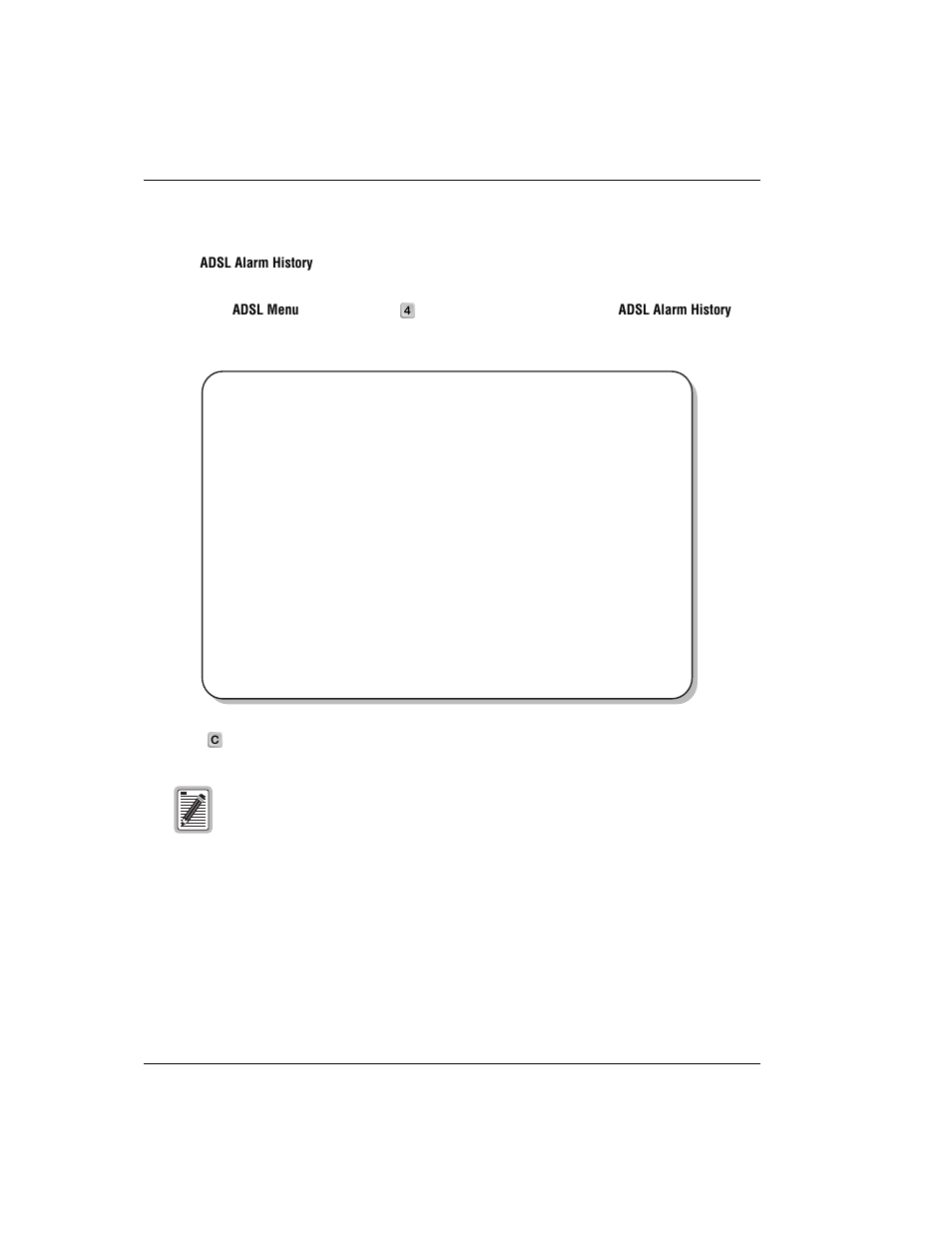 Monitoring adsl alarm history, Page 31 ), type on the adsl menu to open the | ADC 320F User Manual | Page 44 / 68