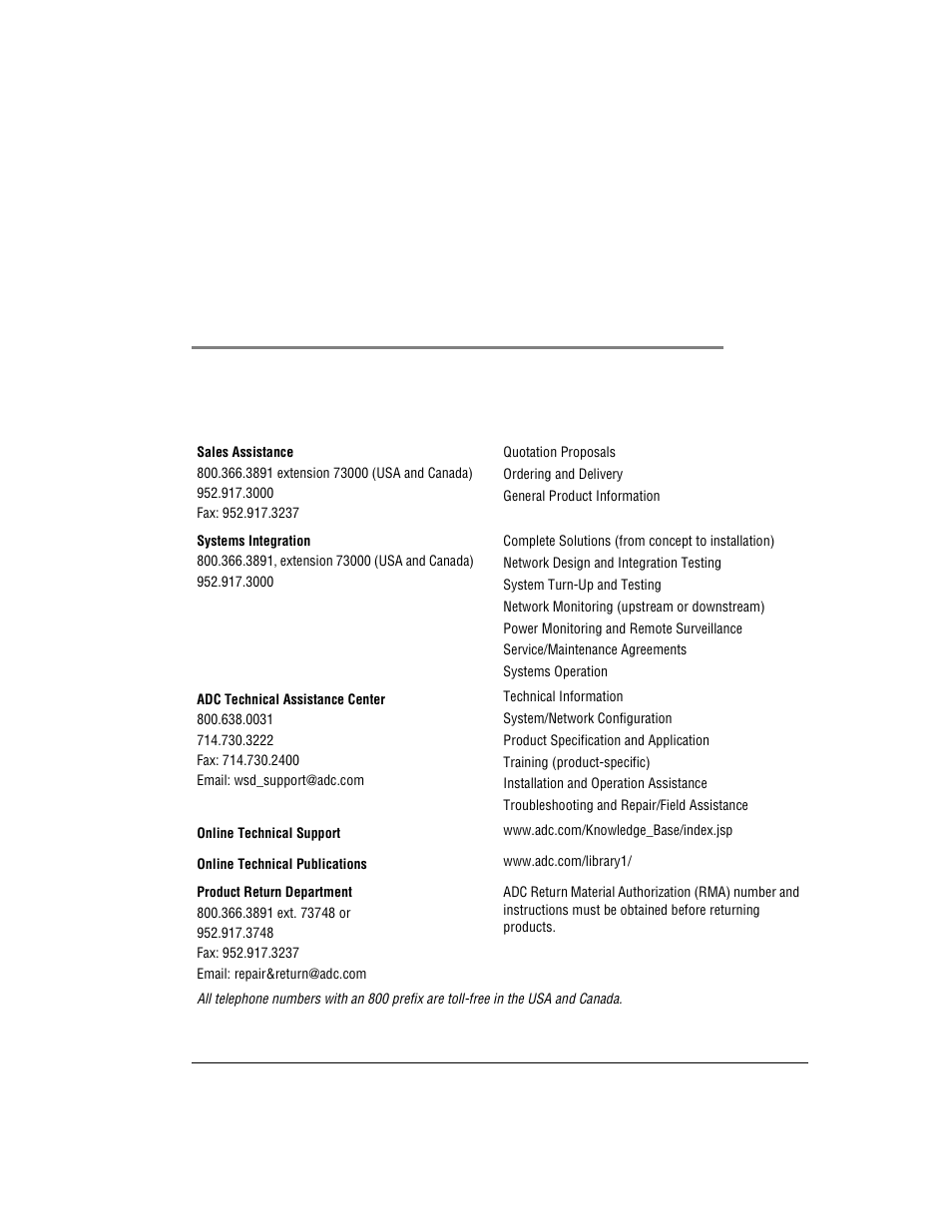 Contacting adc, Ontacting | ADC 320F User Manual | Page 63 / 68