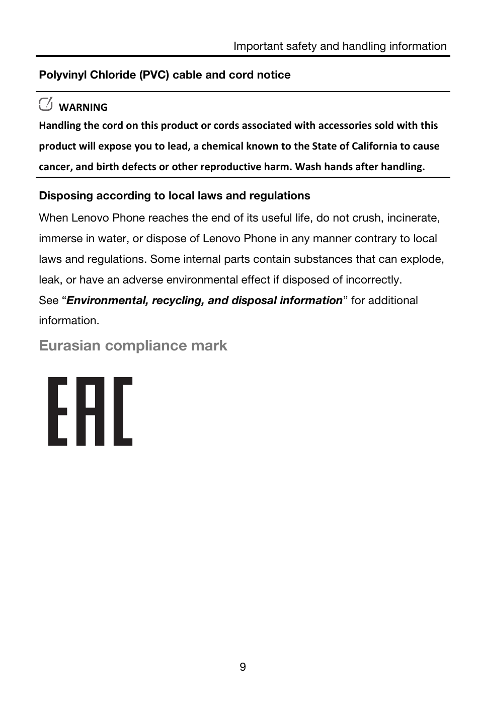 Eurasian compliance mark | Lenovo A859 Smartphone Lenovo User Manual | Page 11 / 16