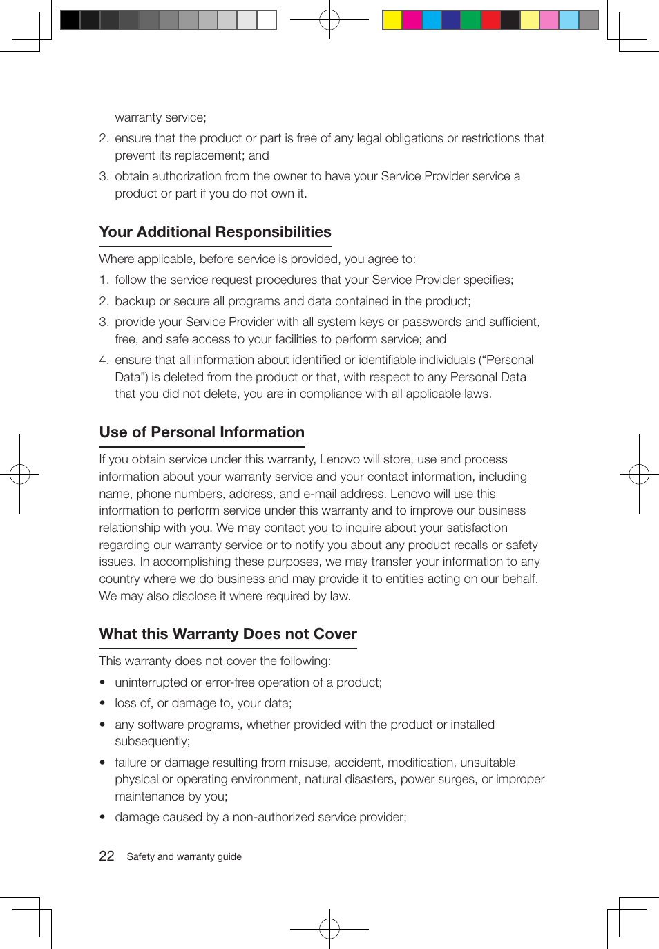 Your additional responsibilities, Use of personal information, What this warranty does not cover | Lenovo IdeaCentre B500 User Manual | Page 27 / 43