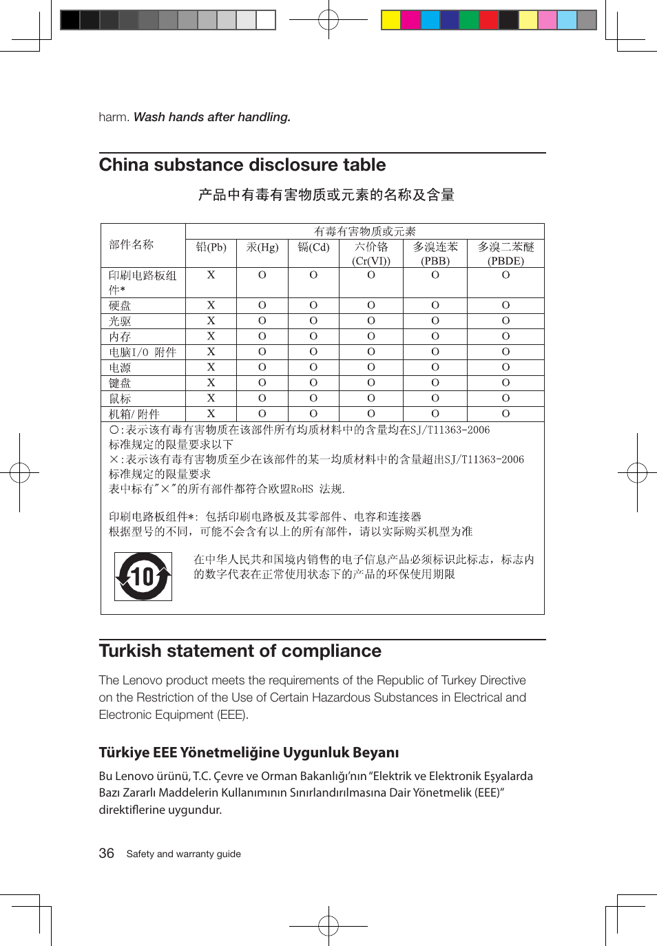 China substance disclosure table, Turkish statement of compliance, Türkiye eee yönetmeliğine uygunluk beyanı | Lenovo IdeaCentre B500 User Manual | Page 41 / 43