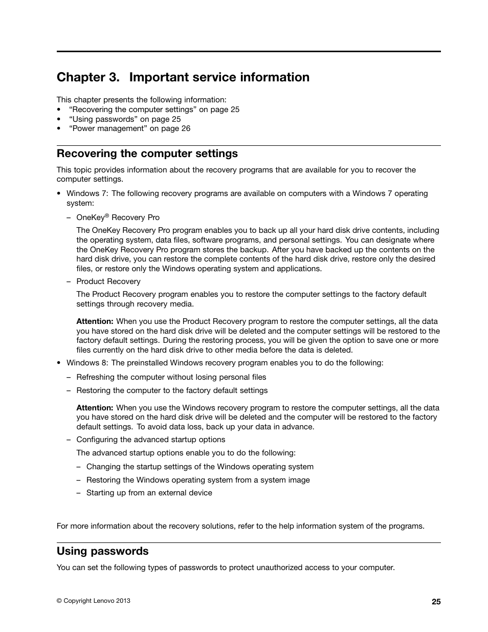 Chapter 3. important service information, Recovering the computer settings, Using passwords | Lenovo K4350 Notebook User Manual | Page 31 / 82