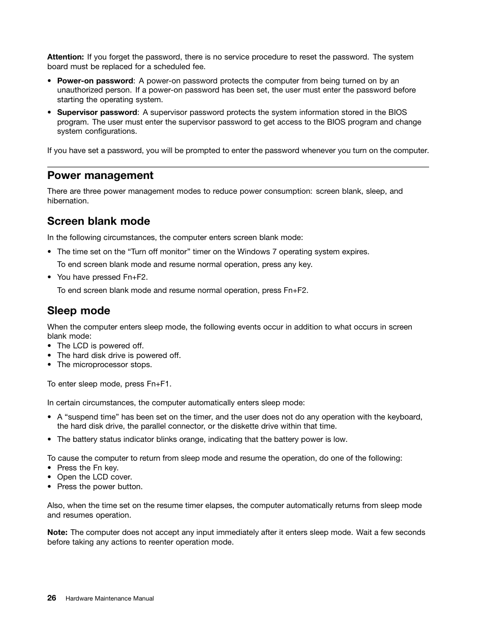 Power management, Screen blank mode, Sleep mode | Lenovo K4350 Notebook User Manual | Page 32 / 82