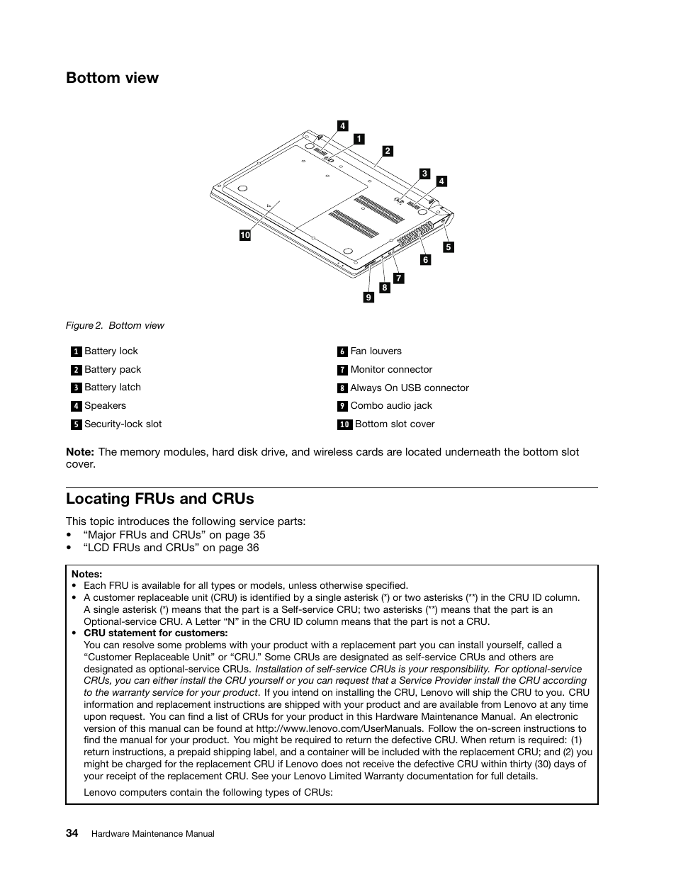 Bottom view, Locating frus and crus | Lenovo K4350 Notebook User Manual | Page 40 / 82