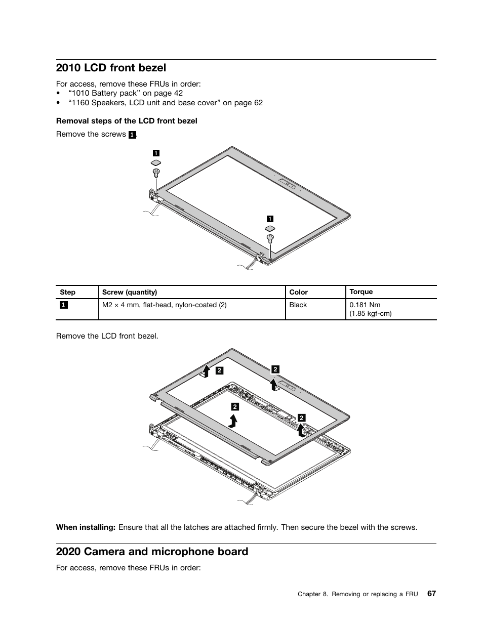 2010 lcd front bezel, 2020 camera and microphone board | Lenovo K4350 Notebook User Manual | Page 73 / 82