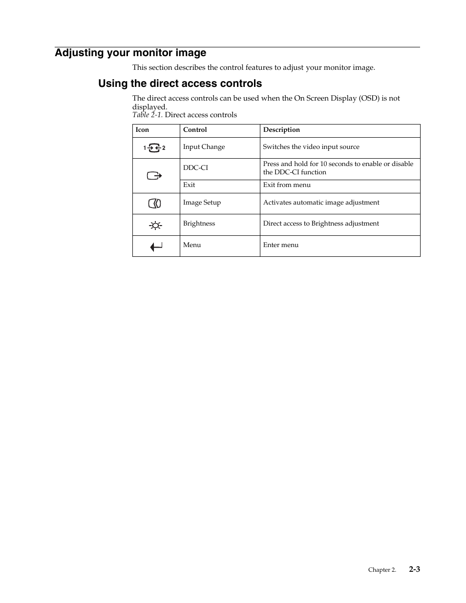 Adjusting your monitor image, Using the direct access controls, Adjusting your monitor image -3 | Using the direct access controls -3 | Lenovo LT2323p Wide LCD Monitor User Manual | Page 16 / 38