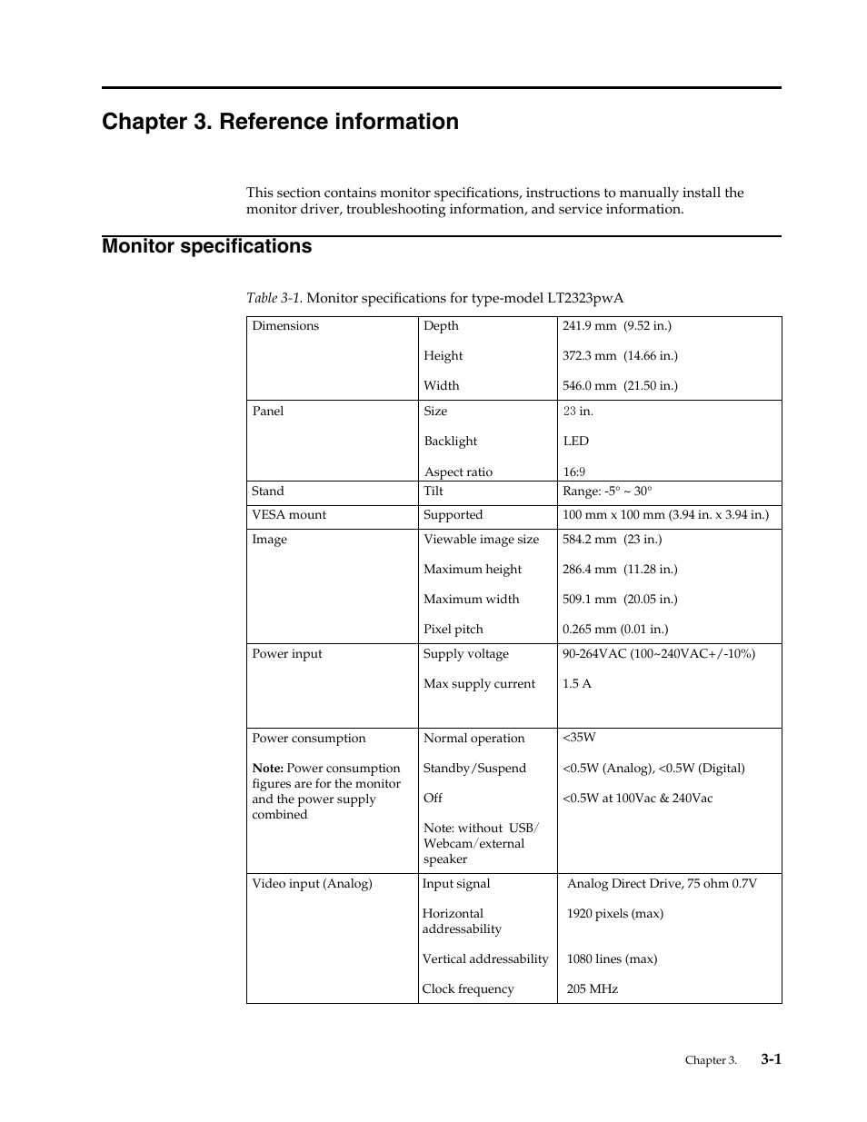 Chapter 3. reference information, Monitor specifications, Chapter 3 | Refe, Monitor specifications -1 | Lenovo LT2323p Wide LCD Monitor User Manual | Page 25 / 38