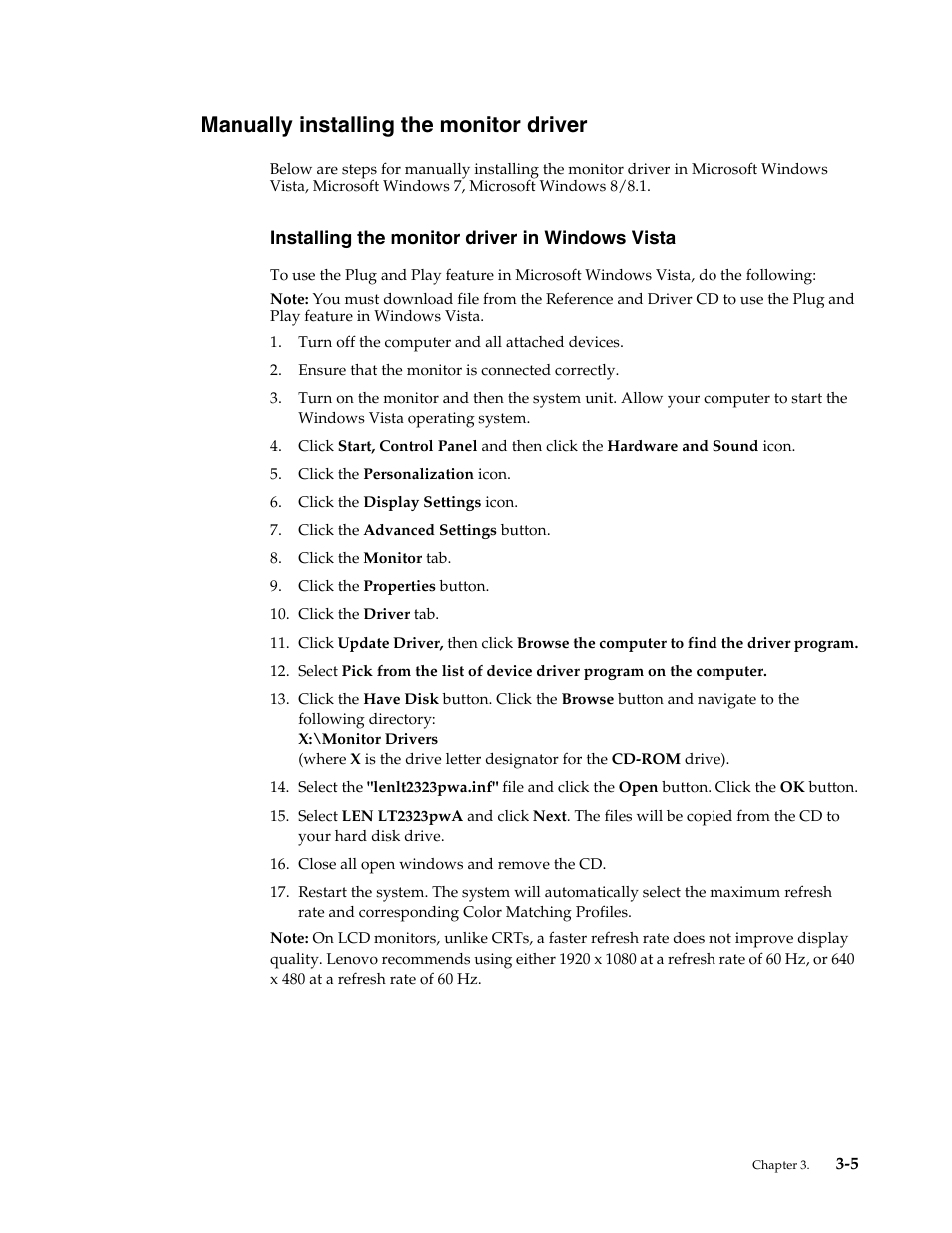Installing the monitor driver in windows vista, Getting further help, Manually installing the monitor driver -5 | Installing the monitor driver in windows vista -5, Manually installing the monitor driver | Lenovo LT2323p Wide LCD Monitor User Manual | Page 29 / 38