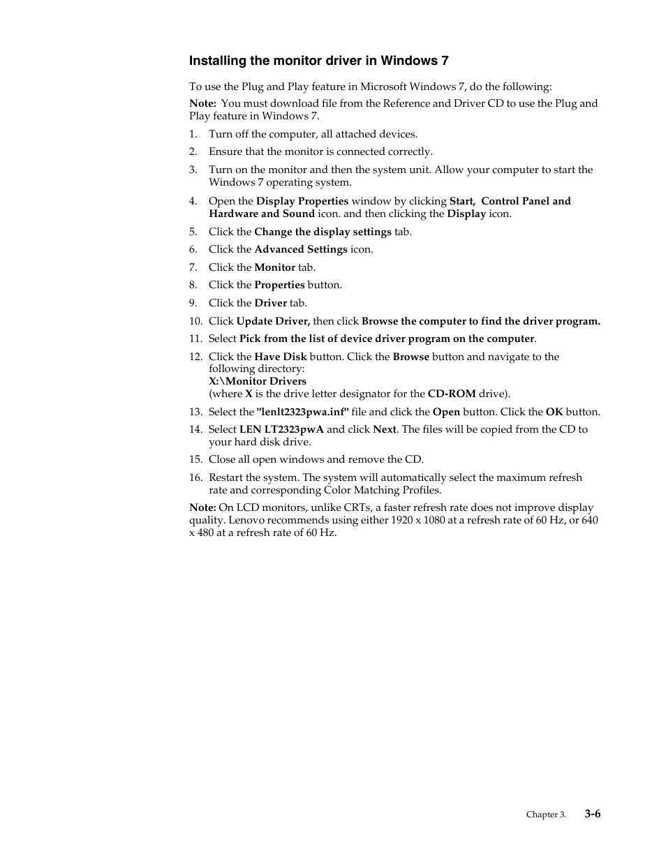 Manually installing the monitor driver, Installing the monitor driver in windows 7, Installing the monitor driver in windows 7 -6 | Lenovo LT2323p Wide LCD Monitor User Manual | Page 30 / 38