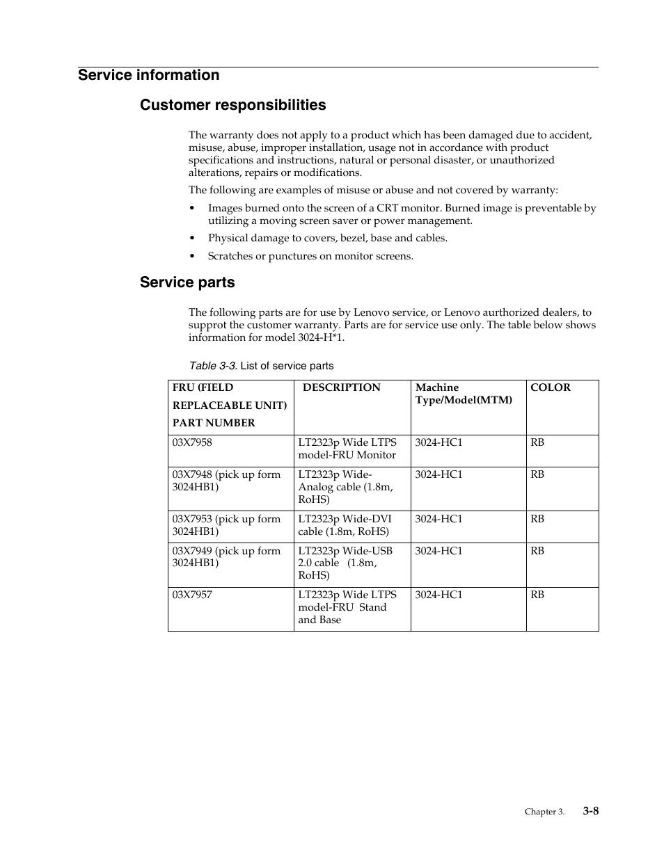 Service information, Customer responsibilities, Service parts | Customer responsibilities -8, Service parts -8, Service information customer responsibilities | Lenovo LT2323p Wide LCD Monitor User Manual | Page 32 / 38