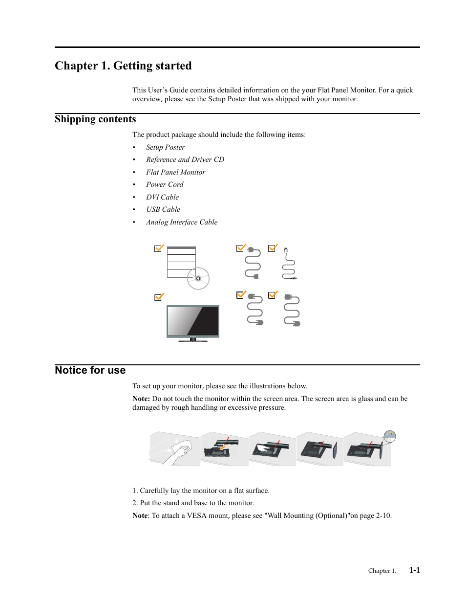 Chapter 1. getting started, Shipping contents, Notice for use | Chapter 1. getting, Shipping contents -1, Notice for use -1 | Lenovo LT2323p Wide LCD Monitor User Manual | Page 5 / 38