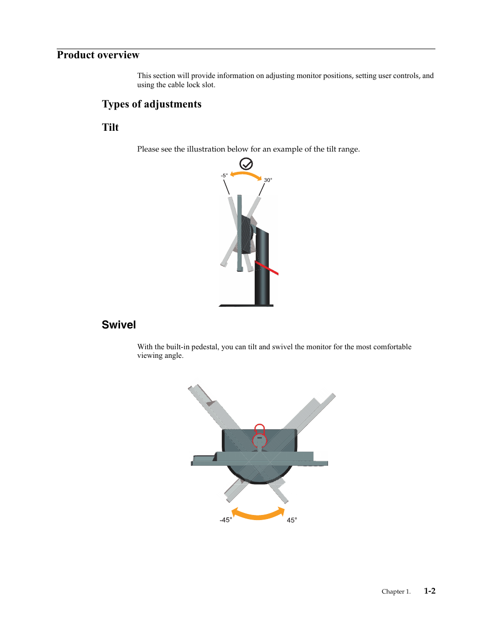 Product overview, Types of adjustments, Tilt | Swivel, Product overview -2, Types of adjustments -2, Tilt -2, Swivel -2, Types of adjustments tilt | Lenovo LT2323p Wide LCD Monitor User Manual | Page 6 / 38