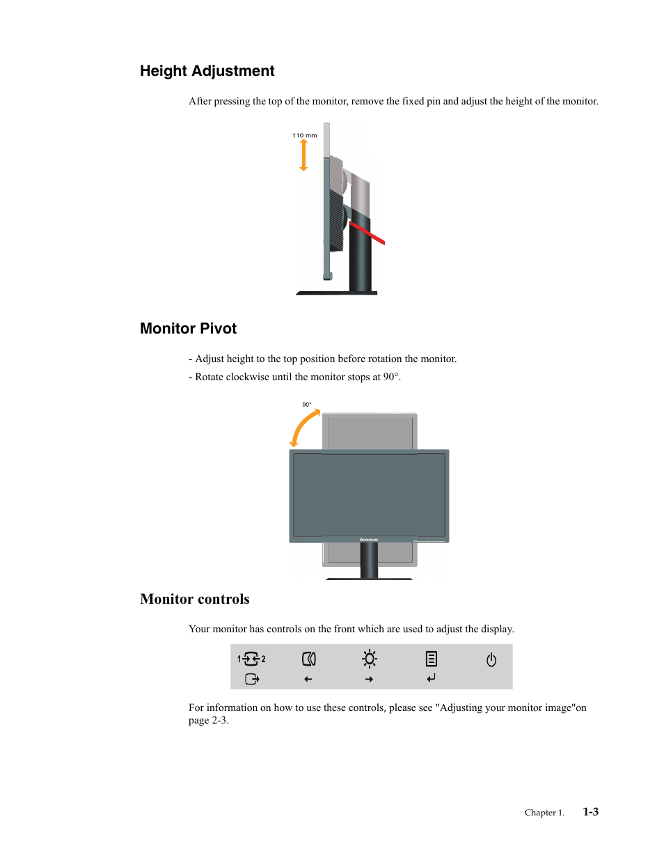 Height adjustment, Monitor pivot, Monitor controls | Height adjustment -3, Monitor pivot -3, Monitor controls -3 | Lenovo LT2323p Wide LCD Monitor User Manual | Page 7 / 38