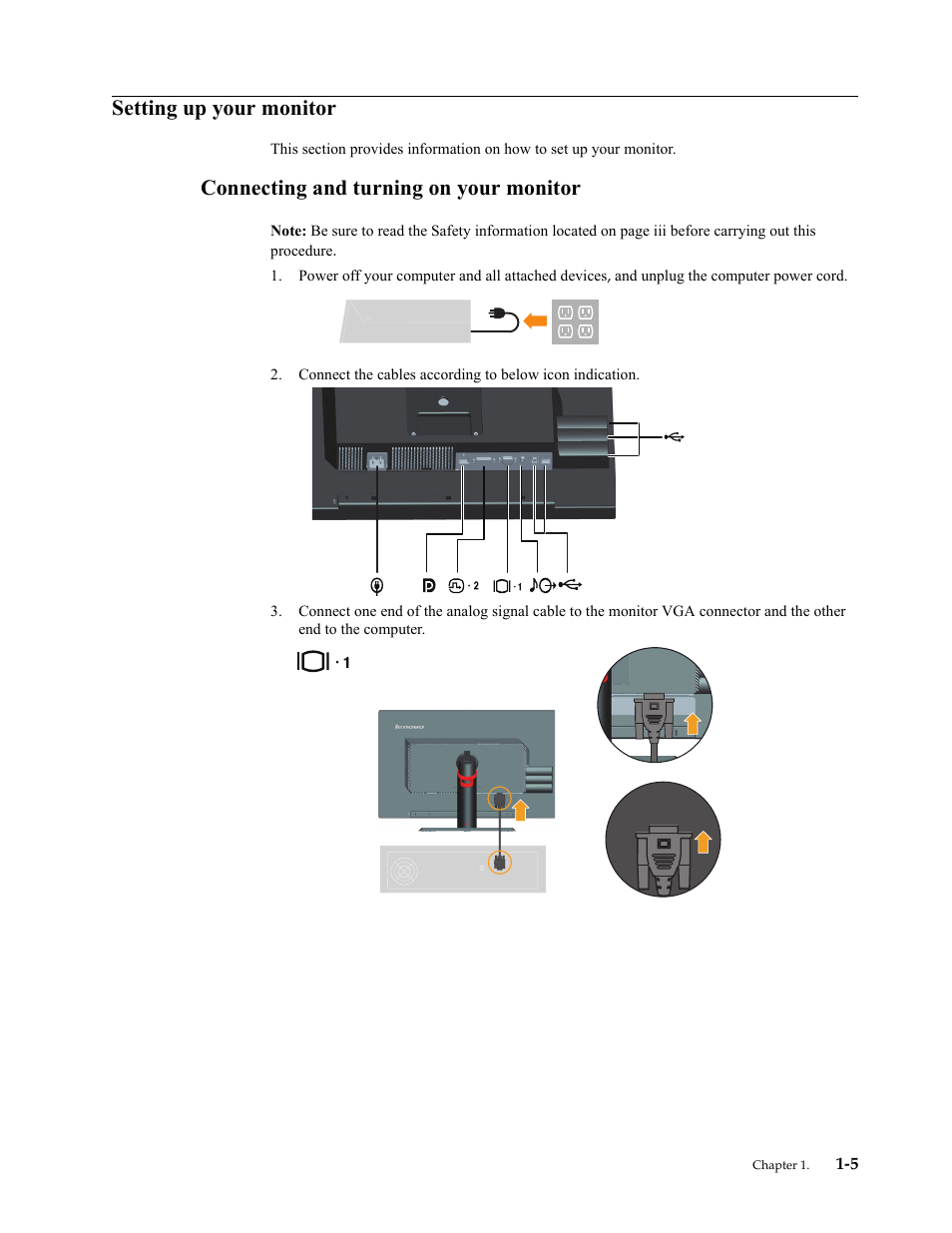 Setting up your monitor, Connecting and turning on your monitor, Setting up your monitor -5 | Connecting and turning on your monitor -5 | Lenovo LT2323p Wide LCD Monitor User Manual | Page 9 / 38