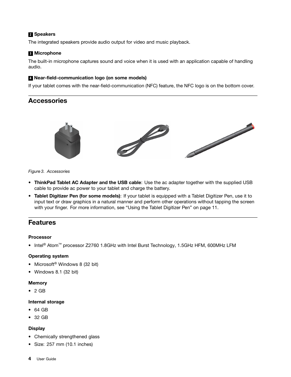 Accessories, Features | Lenovo ThinkPad Tablet 2 User Manual | Page 12 / 84