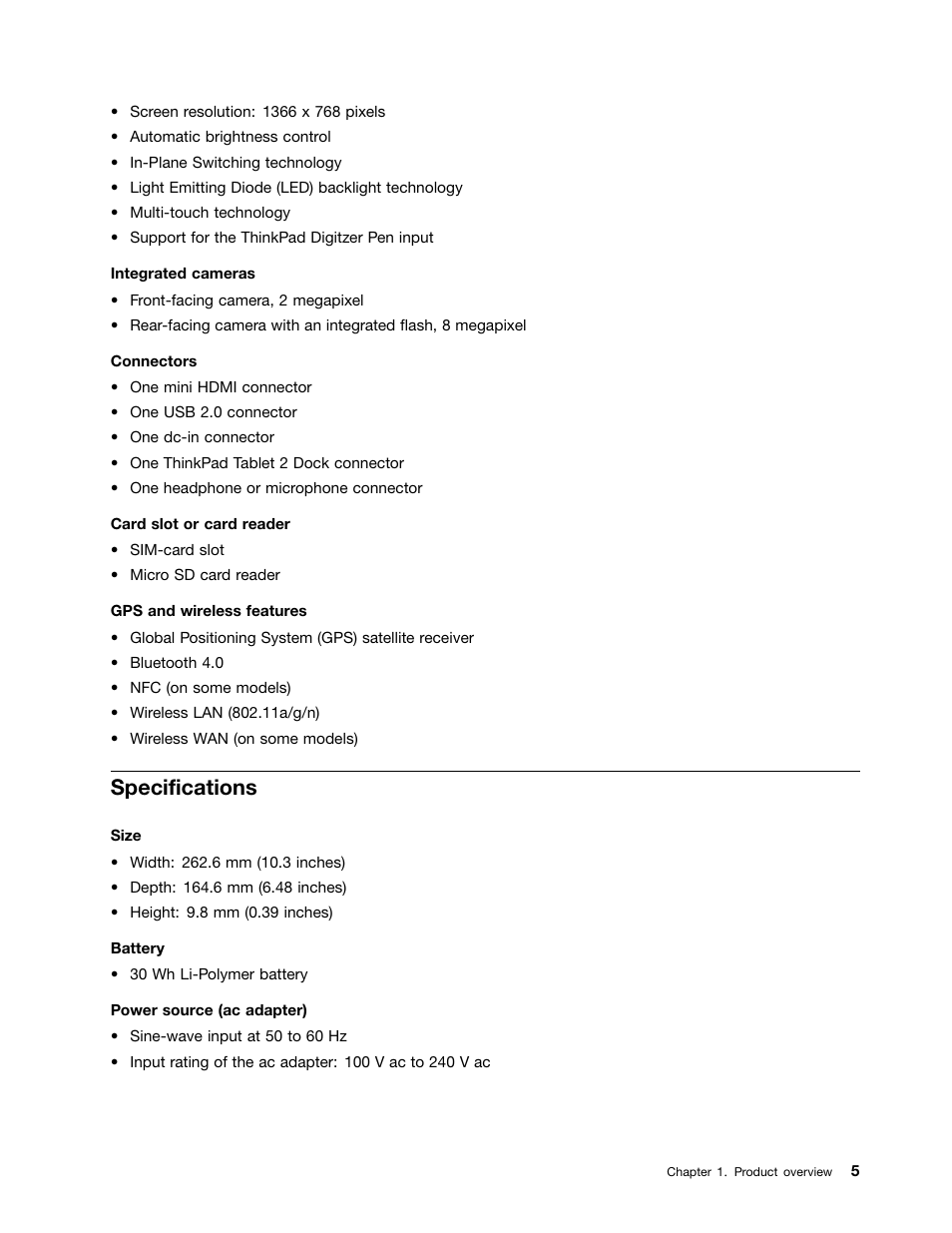 Specifications | Lenovo ThinkPad Tablet 2 User Manual | Page 13 / 84