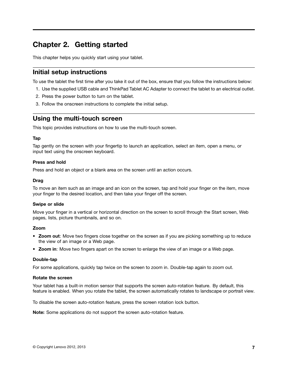 Chapter 2. getting started, Initial setup instructions, Using the multi-touch screen | Lenovo ThinkPad Tablet 2 User Manual | Page 15 / 84