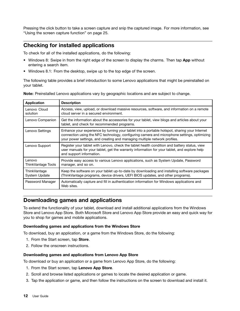 Checking for installed applications, Downloading games and applications | Lenovo ThinkPad Tablet 2 User Manual | Page 20 / 84