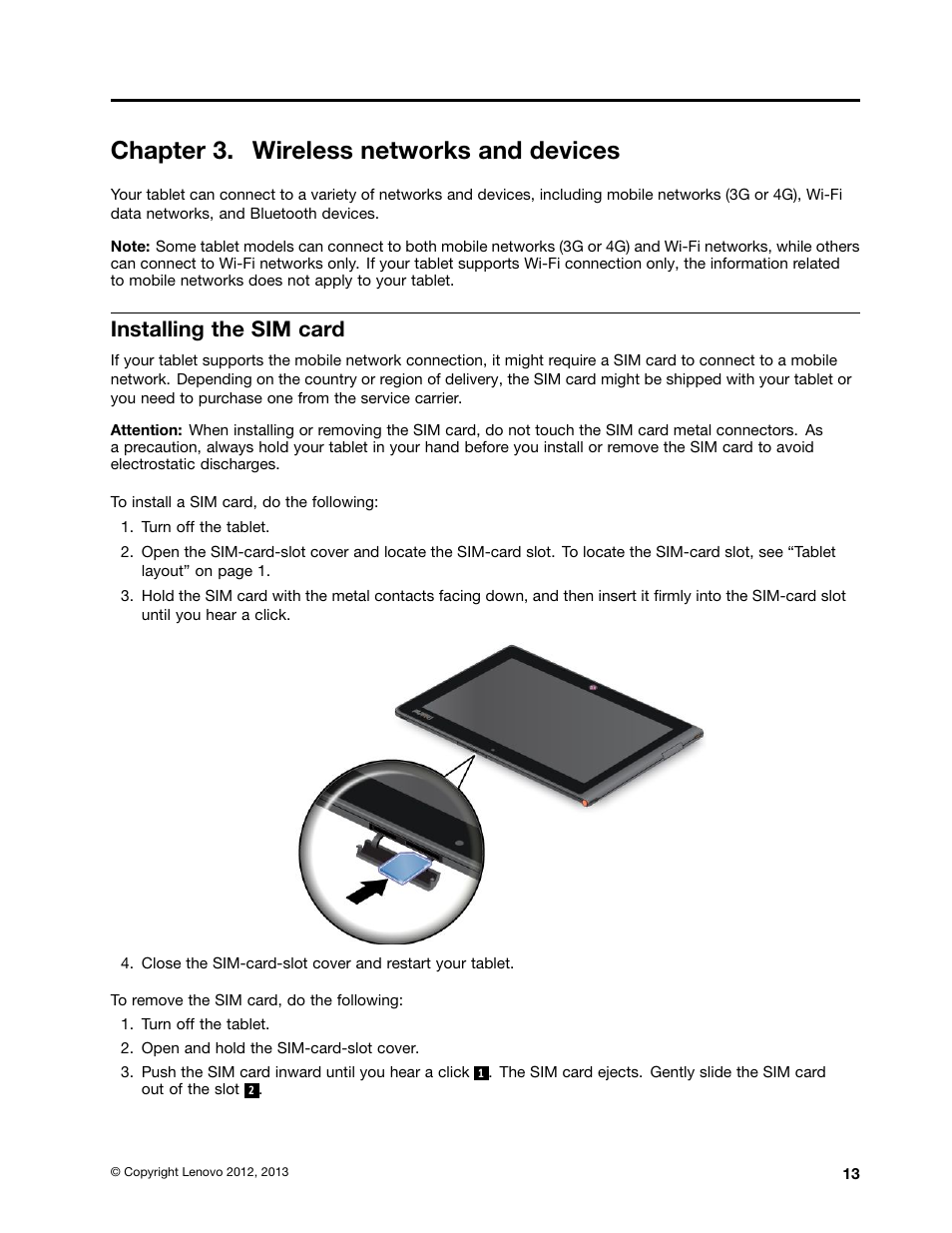 Chapter 3. wireless networks and devices, Installing the sim card | Lenovo ThinkPad Tablet 2 User Manual | Page 21 / 84