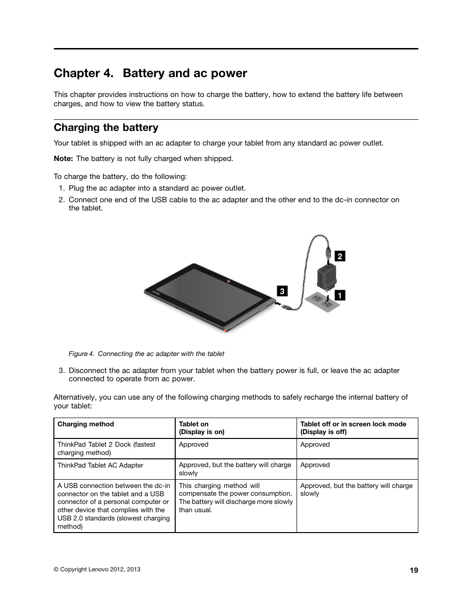 Chapter 4. battery and ac power, Charging the battery | Lenovo ThinkPad Tablet 2 User Manual | Page 27 / 84