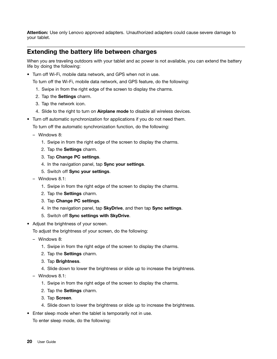 Extending the battery life between charges | Lenovo ThinkPad Tablet 2 User Manual | Page 28 / 84