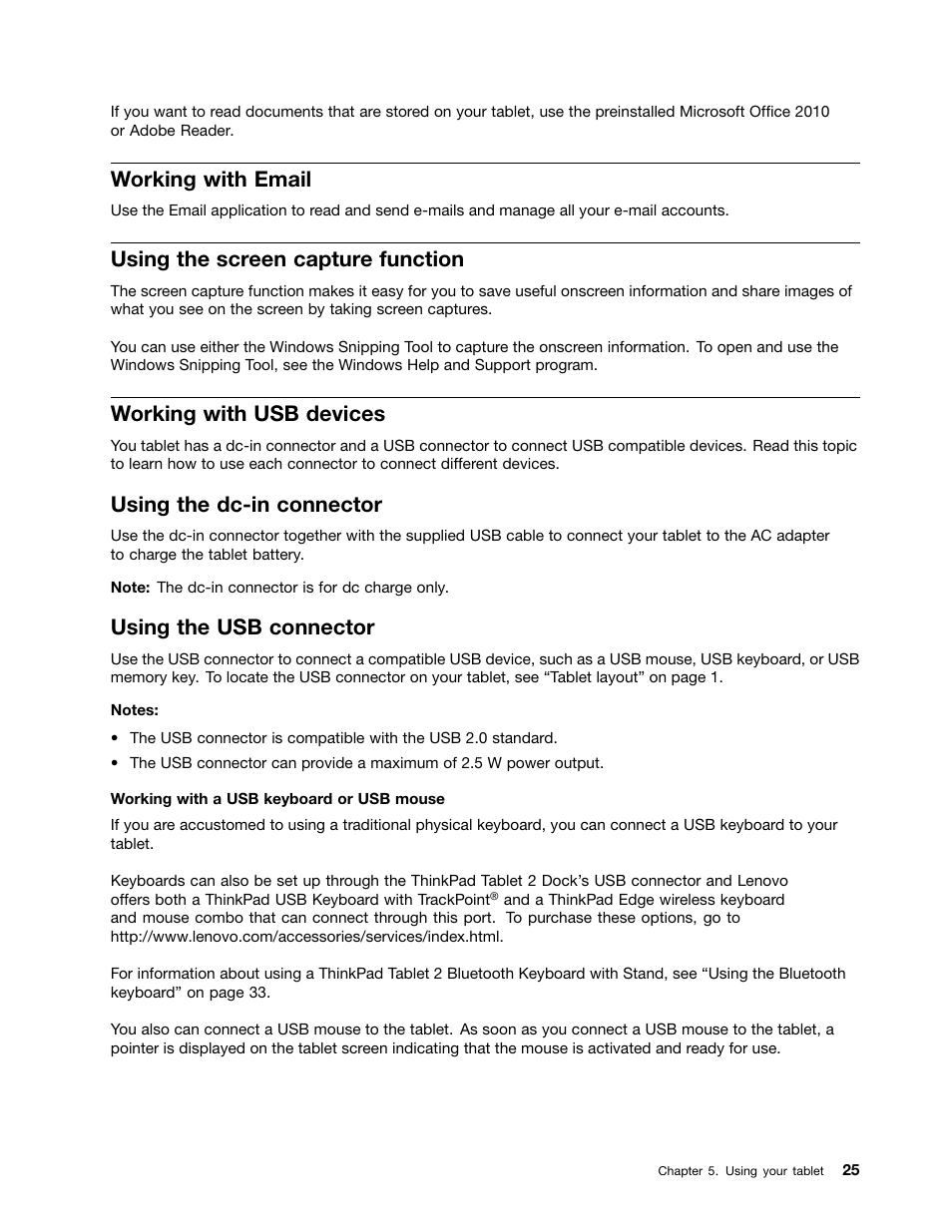 Working with email, Using the screen capture function, Working with usb devices | Using the dc-in connector, Using the usb connector | Lenovo ThinkPad Tablet 2 User Manual | Page 33 / 84