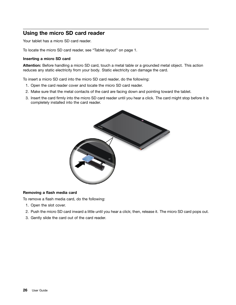 Using the micro sd card reader | Lenovo ThinkPad Tablet 2 User Manual | Page 34 / 84