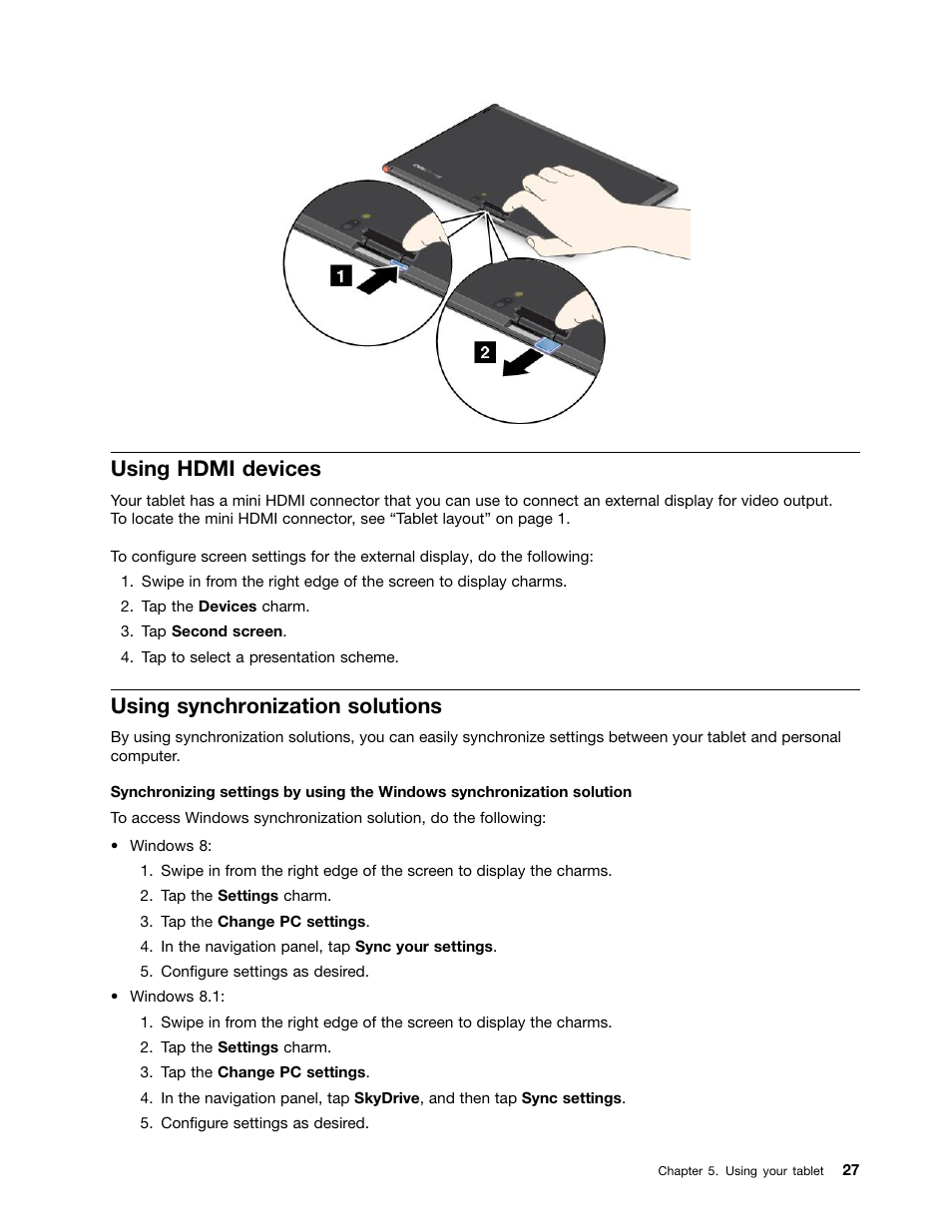 Using hdmi devices, Using synchronization solutions | Lenovo ThinkPad Tablet 2 User Manual | Page 35 / 84