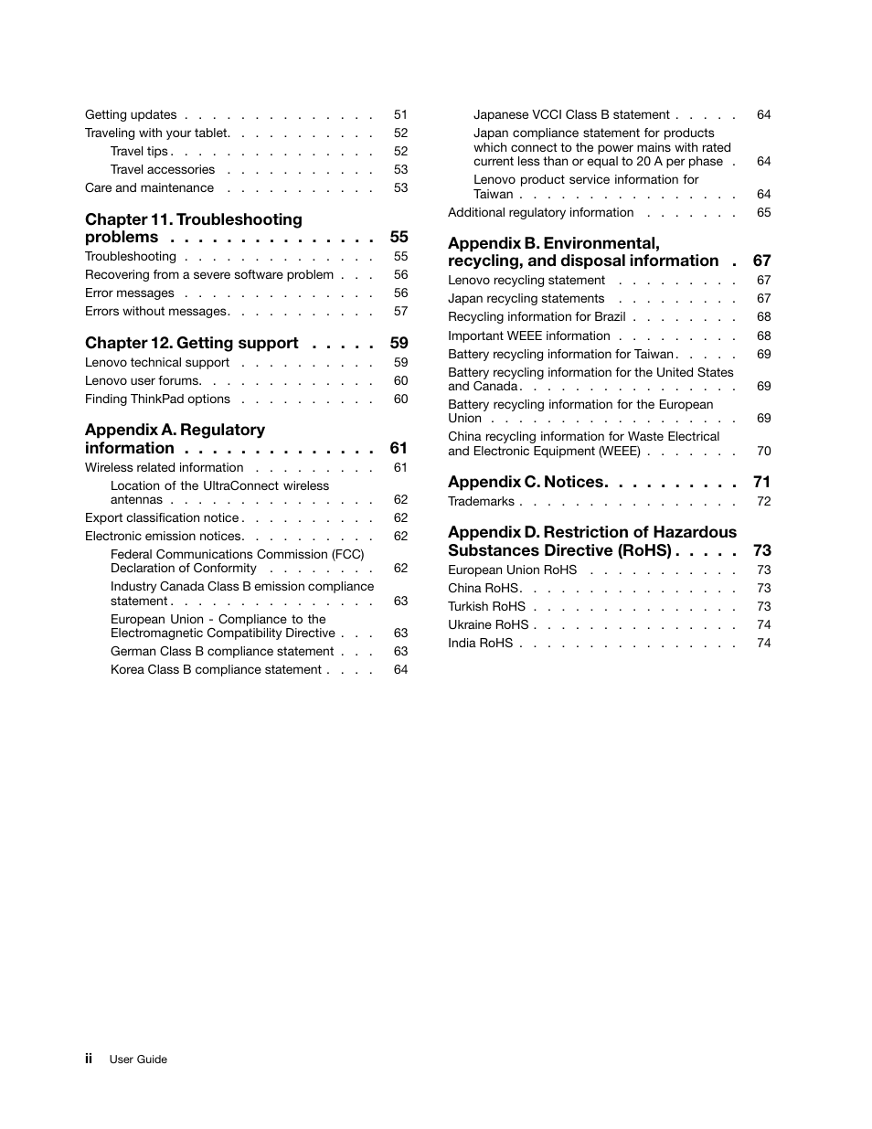 Chapter 11. troubleshooting problems, Chapter 12. getting support, Appendix a. regulatory information | Appendix c. notices | Lenovo ThinkPad Tablet 2 User Manual | Page 4 / 84