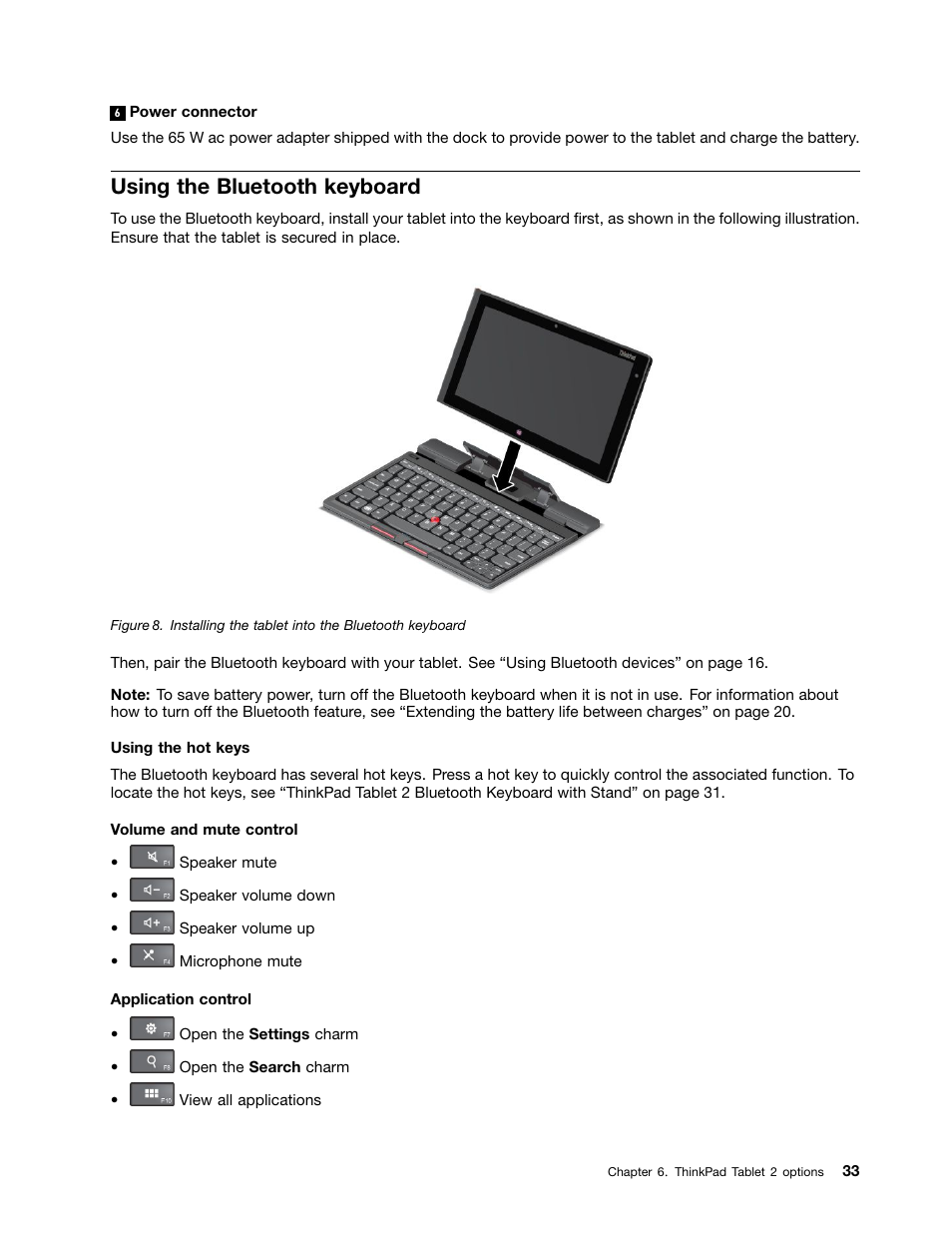 Using the bluetooth keyboard | Lenovo ThinkPad Tablet 2 User Manual | Page 41 / 84