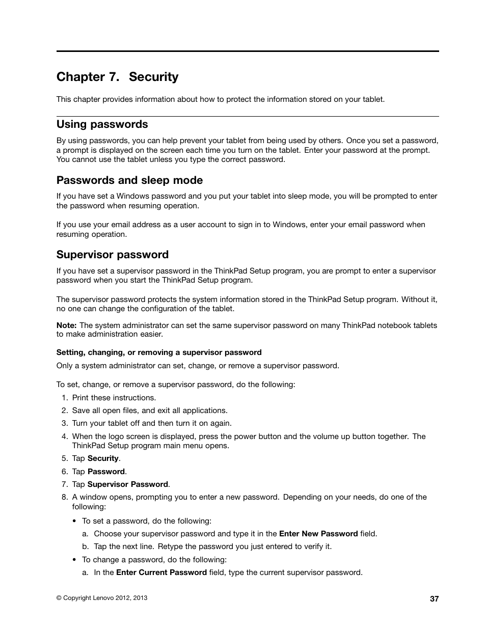 Chapter 7. security, Using passwords, Passwords and sleep mode | Supervisor password | Lenovo ThinkPad Tablet 2 User Manual | Page 45 / 84