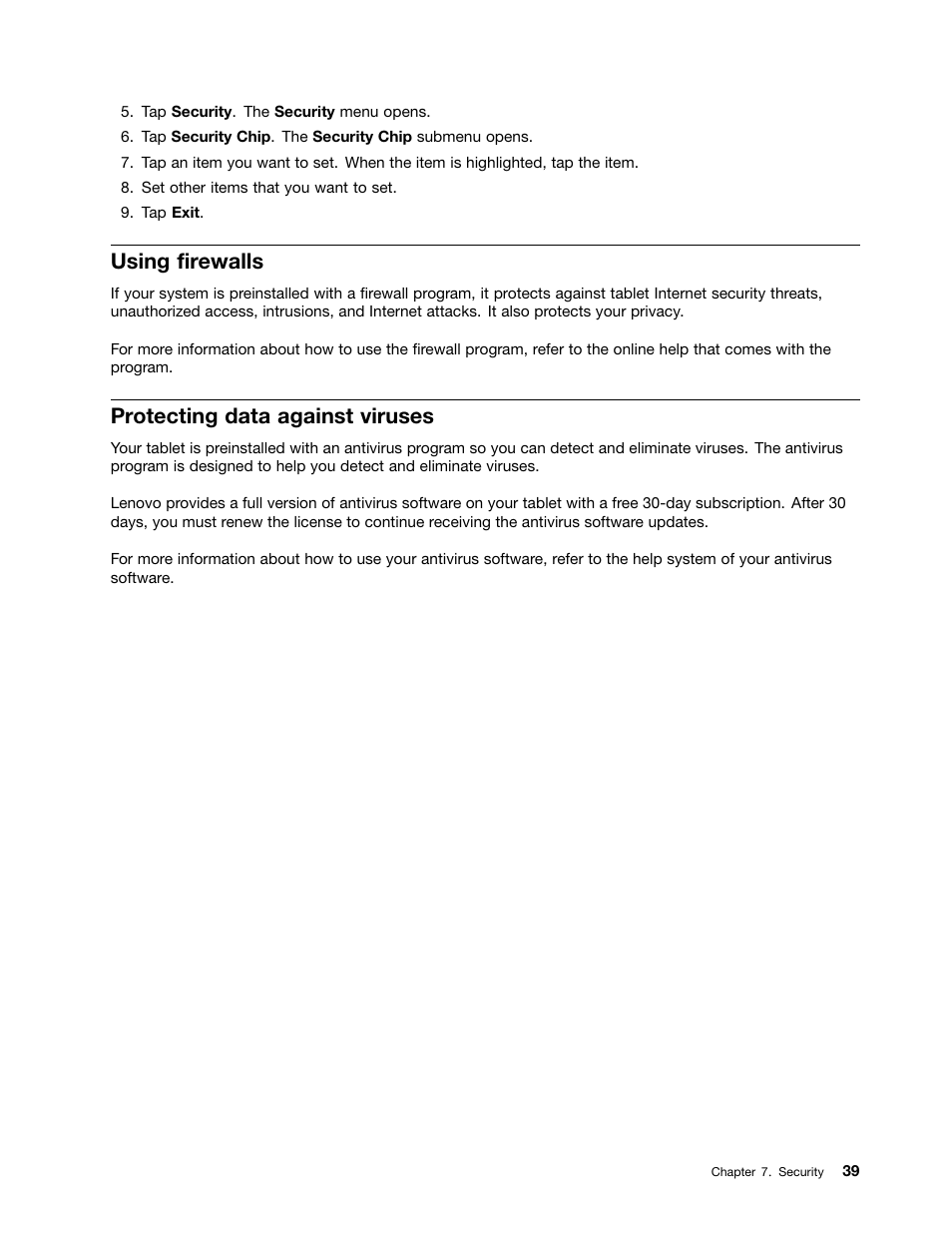 Using firewalls, Protecting data against viruses | Lenovo ThinkPad Tablet 2 User Manual | Page 47 / 84