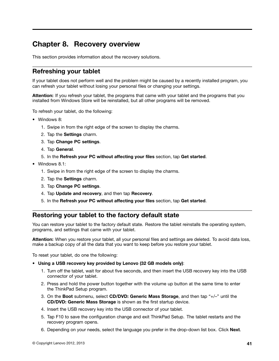 Chapter 8. recovery overview, Refreshing your tablet, Restoring your tablet to the factory default state | Lenovo ThinkPad Tablet 2 User Manual | Page 49 / 84