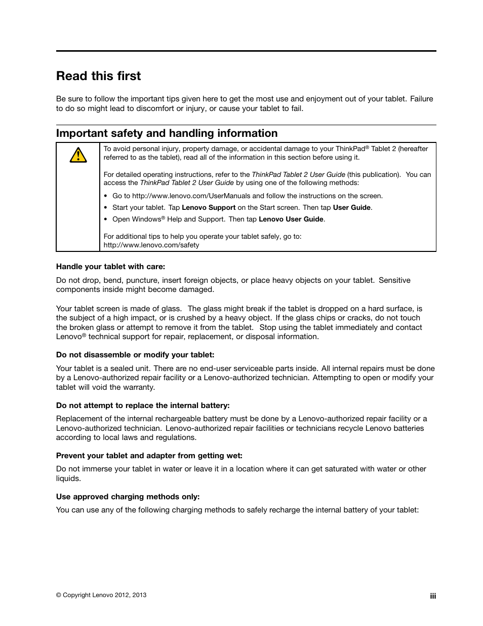 Read this first, Important safety and handling information | Lenovo ThinkPad Tablet 2 User Manual | Page 5 / 84