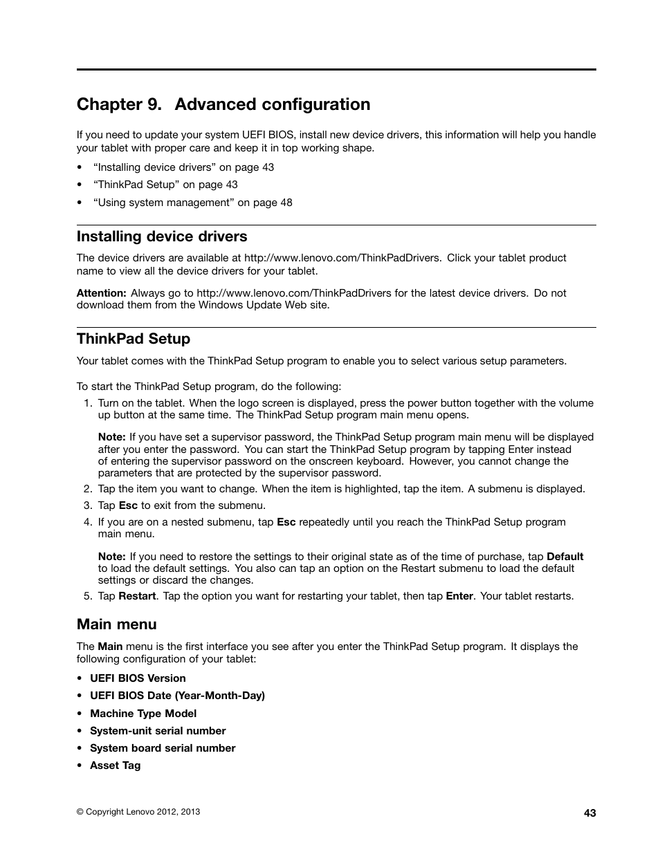 Chapter 9. advanced configuration, Installing device drivers, Thinkpad setup | Main menu | Lenovo ThinkPad Tablet 2 User Manual | Page 51 / 84